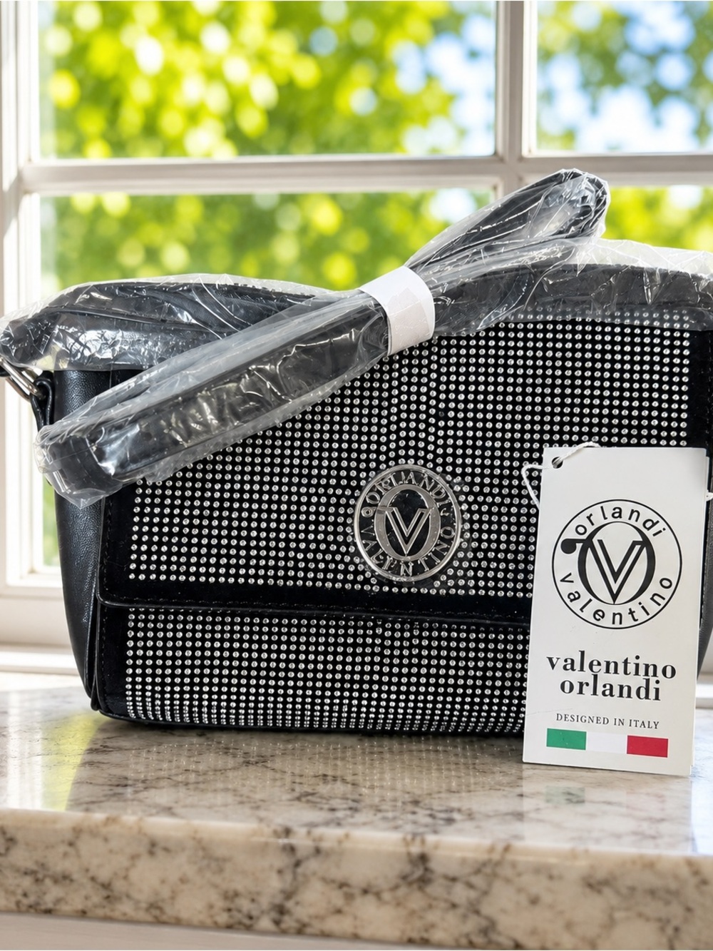 Valentino Orlandi Black Crystal-Studded Messenger Bag